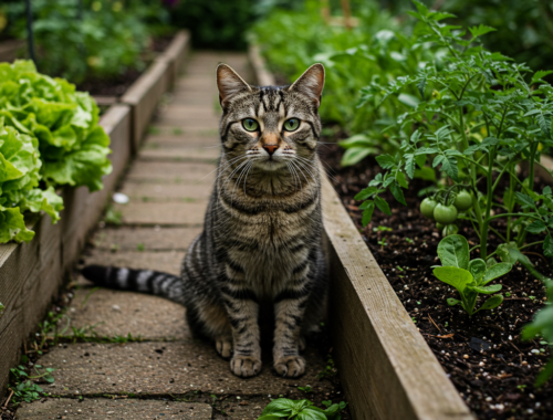 chat dans un jardin près d'un potager