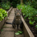 chat dans un jardin près d'un potager
