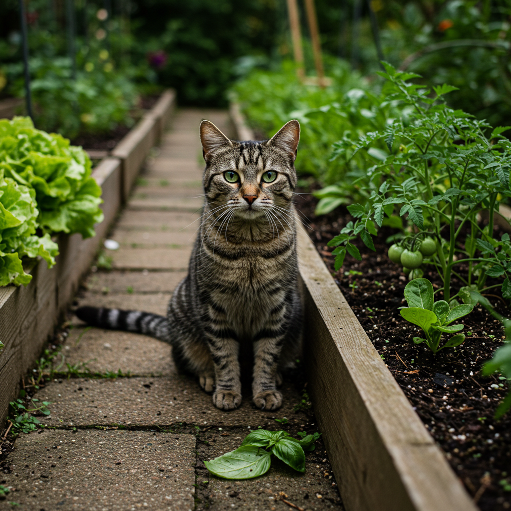 chat dans un jardin près d'un potager